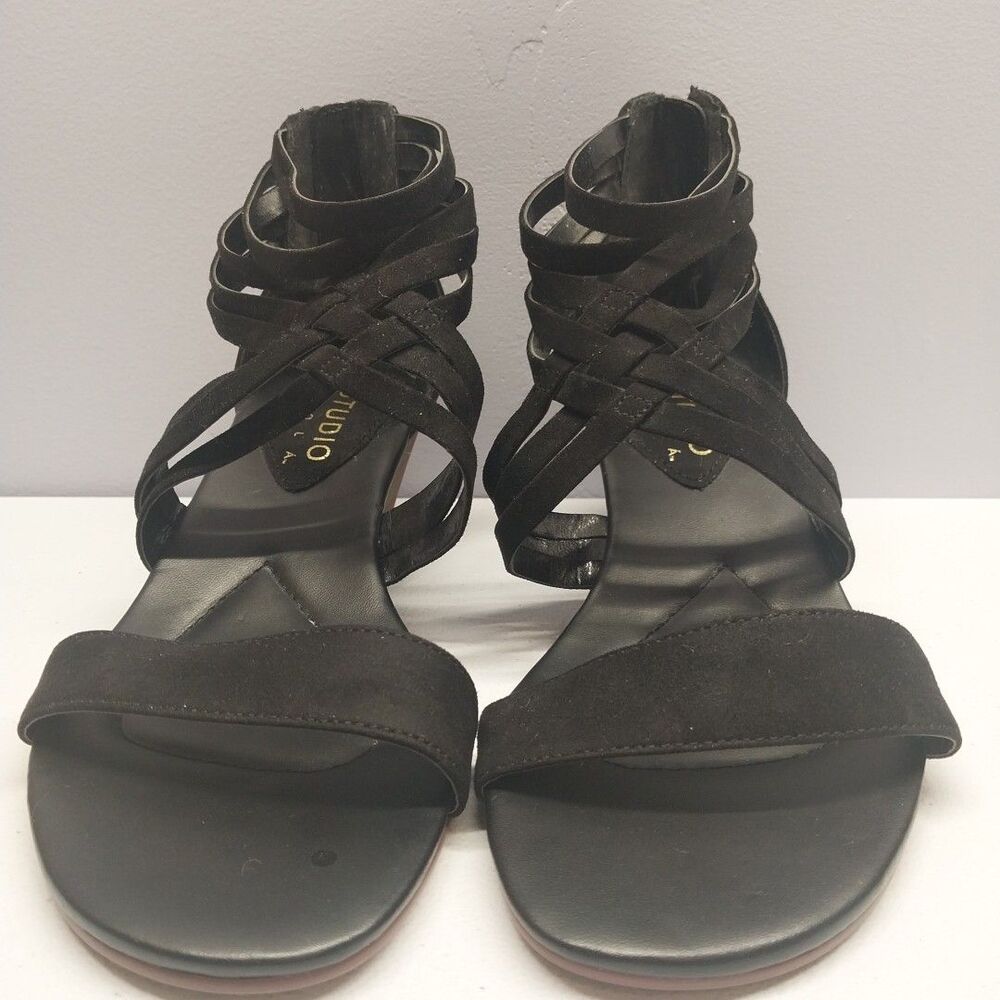 Studio Isola Black Strappy Gladiator Wedge Sandals Womens 7M Back Zip